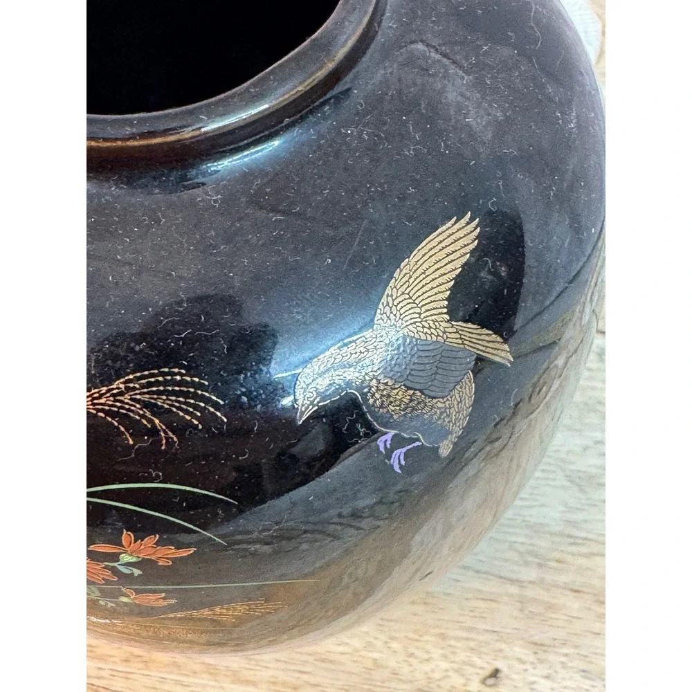 Vintage Black Bird Floral Ceramic Ginger Jars Bud Vases‎ Set of 2 Chinoiserie